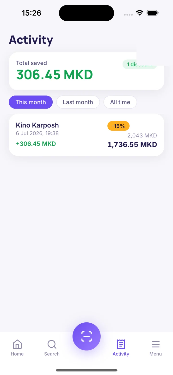Savings history with per-visit breakdown