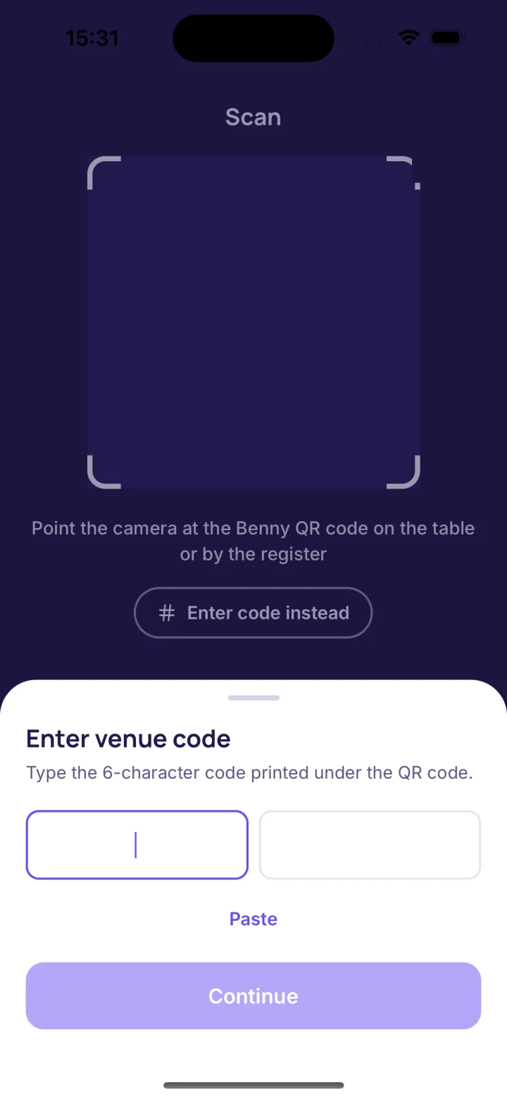Manual venue-code entry fallback