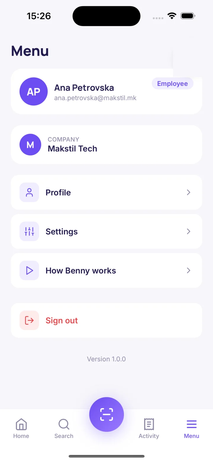 Account menu with company and profile