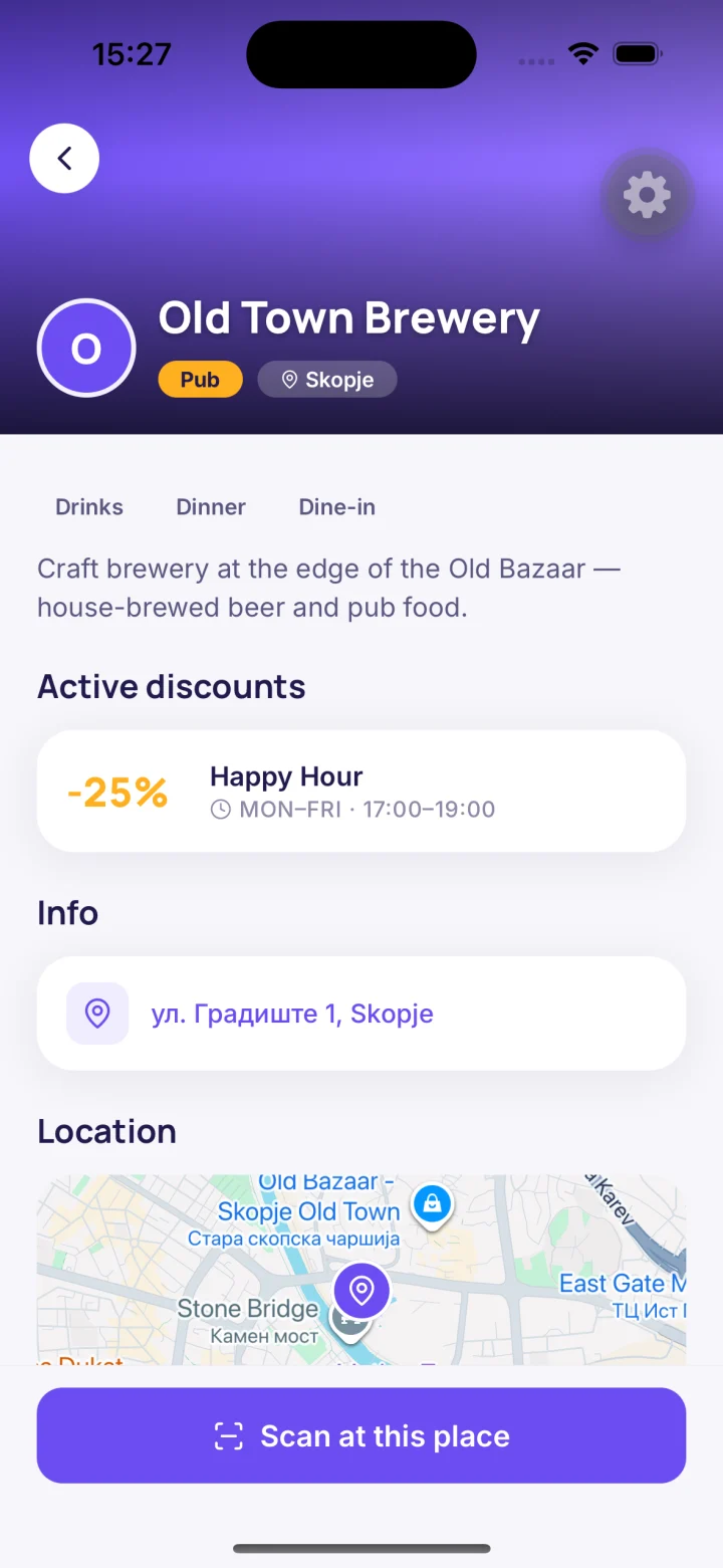 Venue detail with active discounts and map