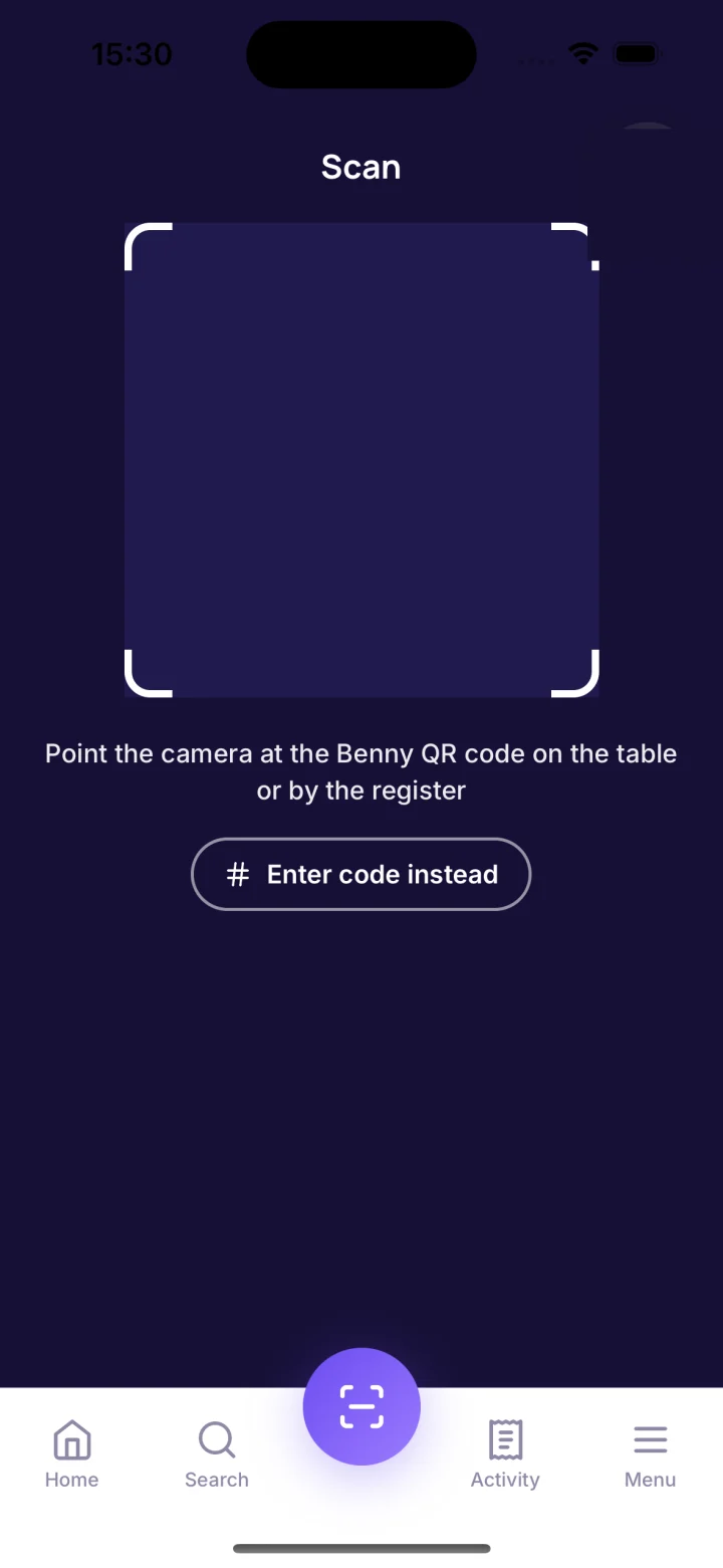 Scanner pointed at the venue's Benny QR code