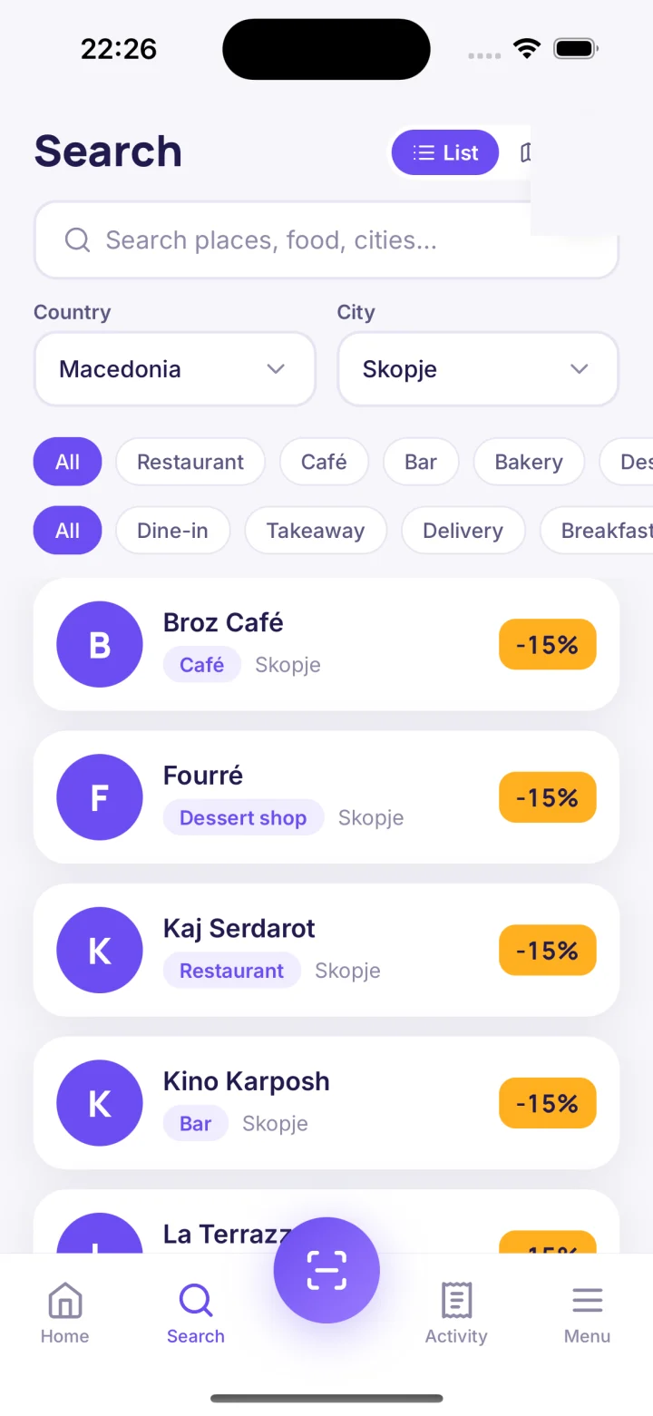 Search with country/city filters and categories