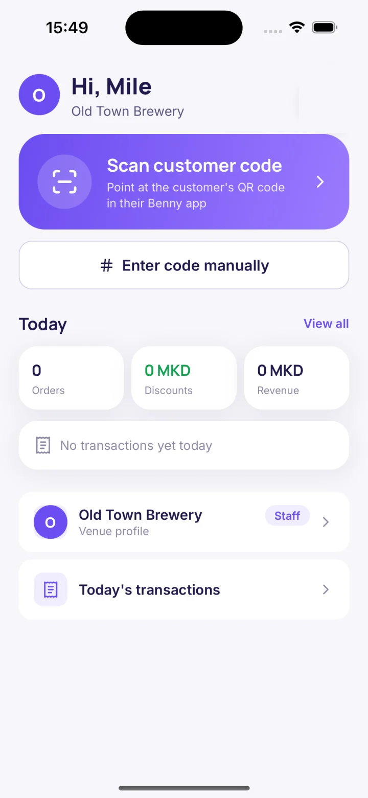 Merchant-staff home — scan customer code and today's totals