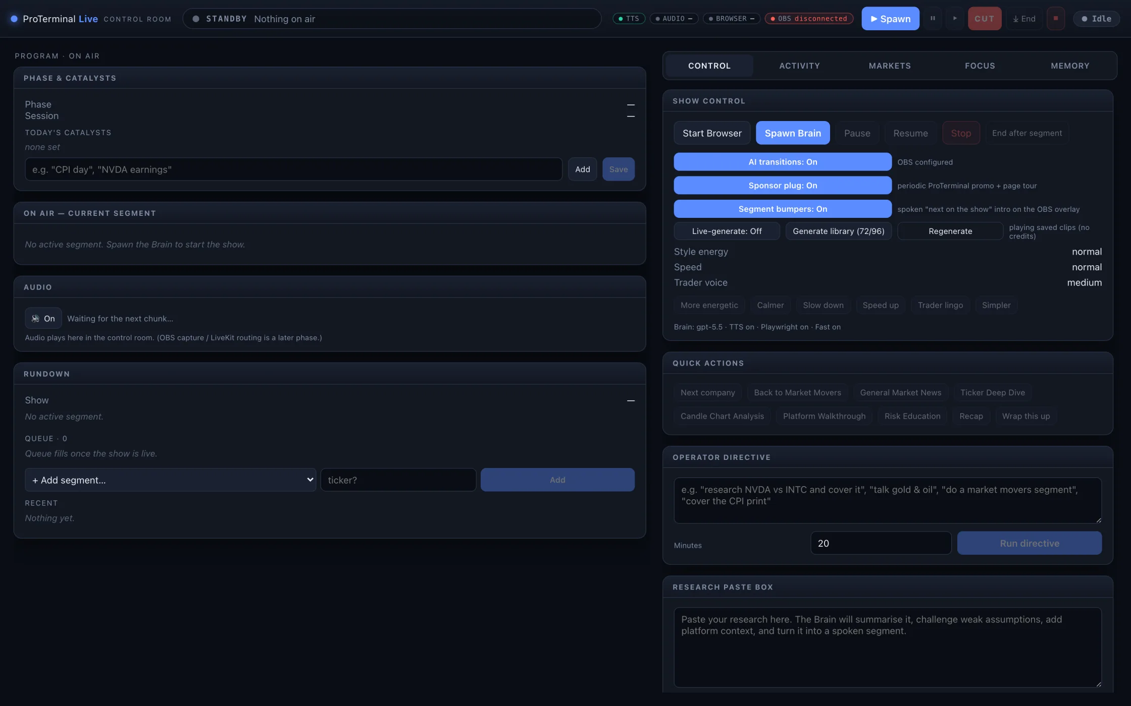 The operator control room — transport, show control, style dials, quick actions and the operator directive