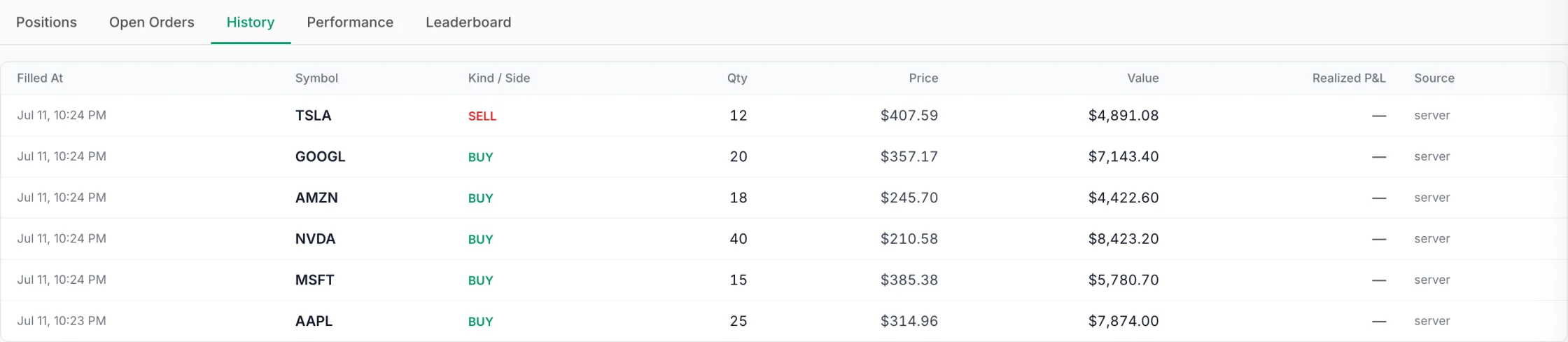 Trade history — the immutable fill ledger