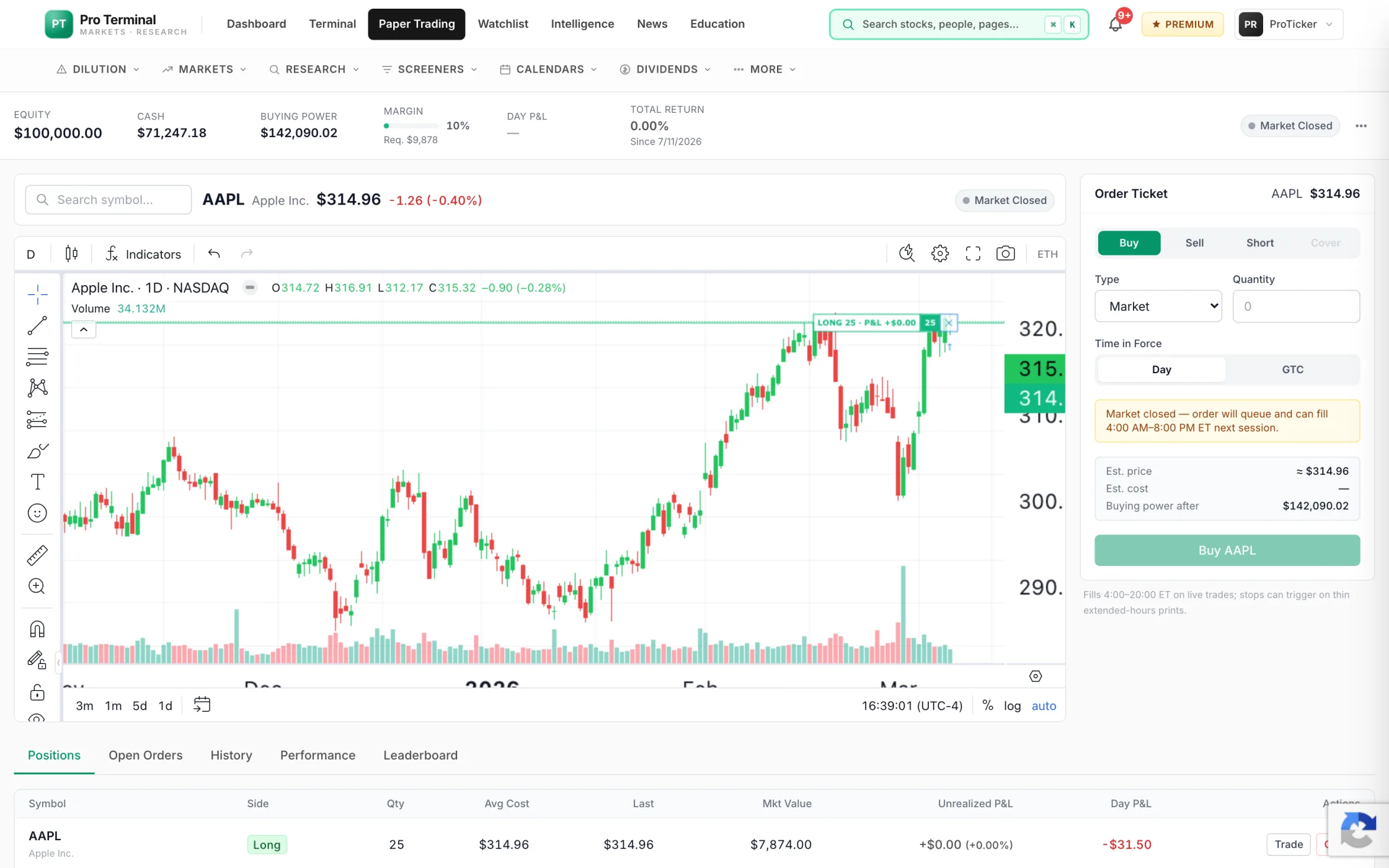 Paper Trading — account summary, the chart with live order & position lines, and the order ticket